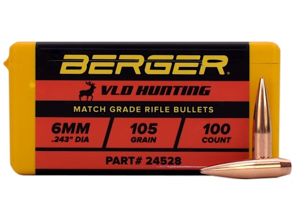 Berger Bullets .243 Caliber, 6mm (243 Diameter) 105 Gr Hunting VLD HPBT- Box of 100