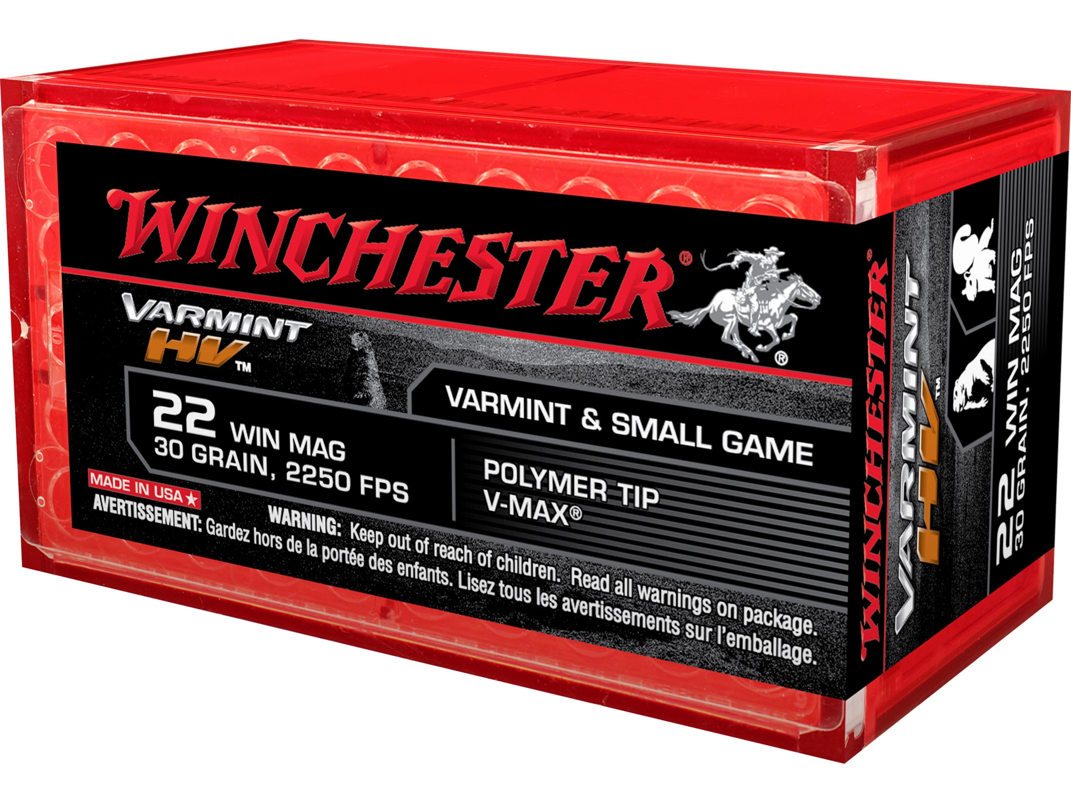 Winchester Varmint High Velocity .22 Winchester Magnum Rimfire (WMR) 30 Gr. Hornady V-Max- Box of 50