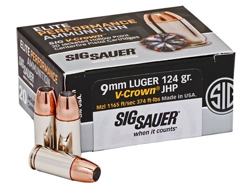 SIG SAUER Elite Performance 9mm Luger 124 Gr. V-Crown JHP- Box of 20