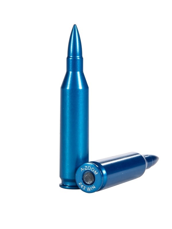 an image of the product A-ZOOM BLUE Action Proving Dummy Round, .243 Winchester, Snap Cap- Value Pack of 5- 12323