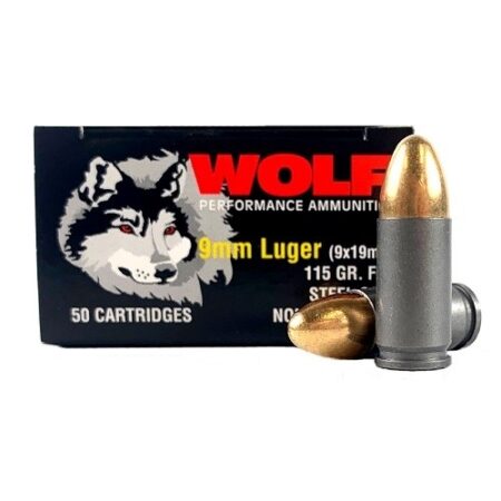 Wolf Performance 9mm Luger 115 Gr. FMJ (Bi-Metal) Steel Case Berdan Primed- Box of 50