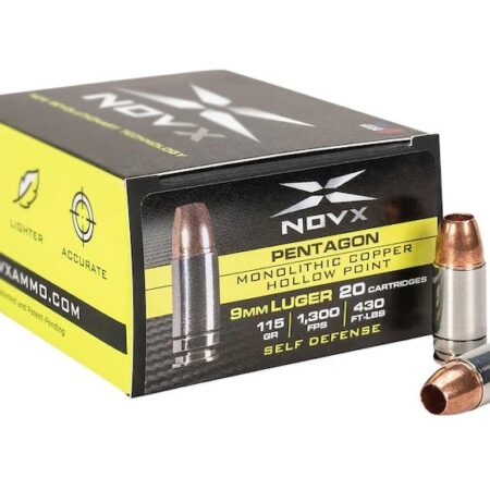 NovX Pentagon Self Defense 9mm Luger 115 Gr. Monolithic Copper Hollow Point- Lead-Free- Box of 20