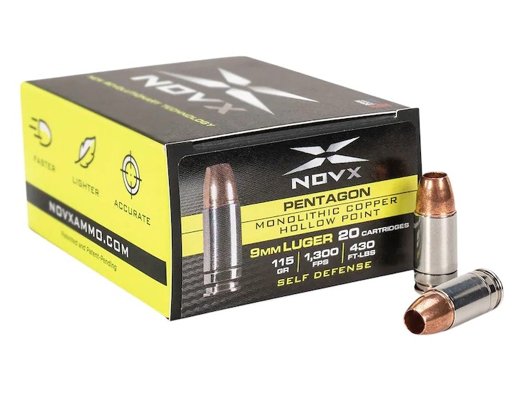 NovX Pentagon Self Defense 9mm Luger 115 Gr. Monolithic Copper Hollow Point- Lead-Free- Box of 20