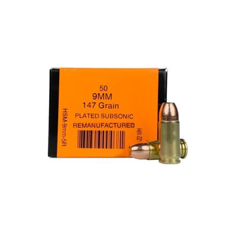 HSM 9mm Luger 147 Gr. Plated Flat Point- Subsonic- Remanufactured- Box of 50