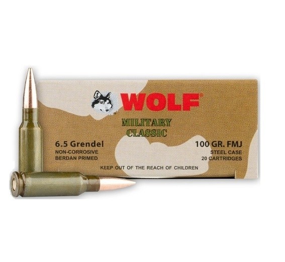 Wolf Military Classic 6.5 Grendel 100 Gr. Full Metal Jacket (Bi-Metal) Steel Case Berdan Primed- Box of 20