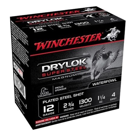 Winchester Drylok Super Steel 12 Gauge 2-3/4" 1-1/4oz #4 Plated Shot- Lead Free- Box of 25