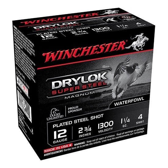 Winchester Drylok Super Steel 12 Gauge 2-3/4" 1-1/4oz #4 Plated Shot- Lead Free- Box of 25