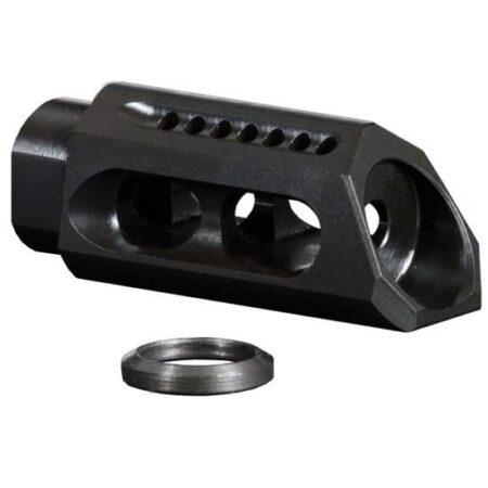 an image of the product Yankee Hill Machine AR-15 Slant Muzzle Brake- Melonite QPC Matte Black Finish Steel with Crush Washer - YHM26MBA