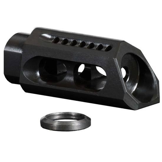 an image of the product Yankee Hill Machine AR-15 Slant Muzzle Brake- Melonite QPC Matte Black Finish Steel with Crush Washer - YHM26MBA