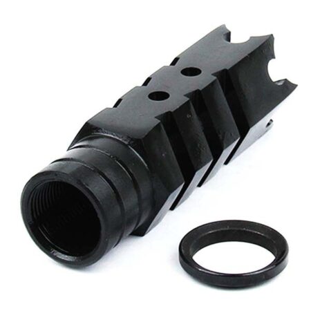 an image of the product AR10 .308 Shark Muzzle Brake 5/8"x24 Thread with Crush Washer- Steel Black - MZ1004-3B