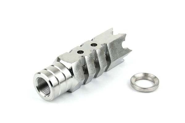 an image of the product AR10 .308 Shark Muzzle Brake 5/8"x24 Thread with Crush Washer- Stainless Steel - MZ1004-3SS