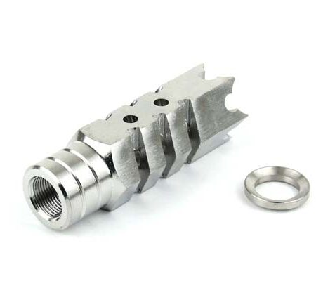 an image of the product AR15 .223/.556 Shark Muzzle Brake 1/2"x28 Thread with Crush Washer- Stainless Steel - MZ1004SS