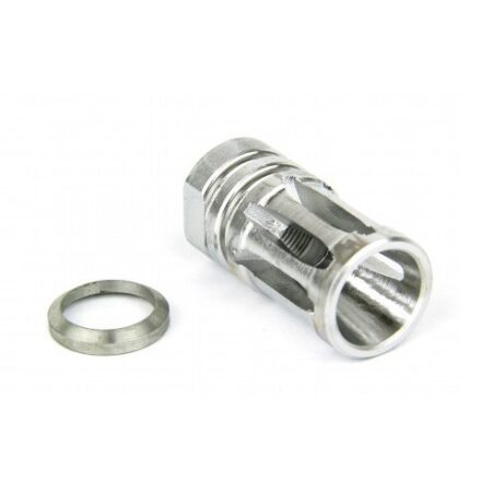 an image of the product AR10 .308 Bird Cage Muzzle Brake 5/8"x24 Thread with Crush Washer- Stainless Steel Silver - MZ1001-3SS
