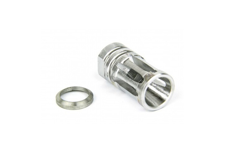 an image of the product AR10 .308 Bird Cage Muzzle Brake 5/8"x24 Thread with Crush Washer- Stainless Steel Silver - MZ1001-3SS