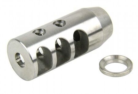 an image of the product AR15 .223/.556 Compact Style Muzzle Brake 1/2"x28 Thread with Crush Washer- Stainless Steel - MZ1002SS-N