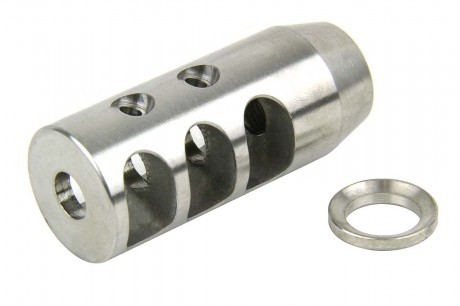 an image of the product AR15 .223/.556 Compact Style Muzzle Brake 1/2"x28 Thread with Crush Washer- Stainless Steel - MZ1002SS-N