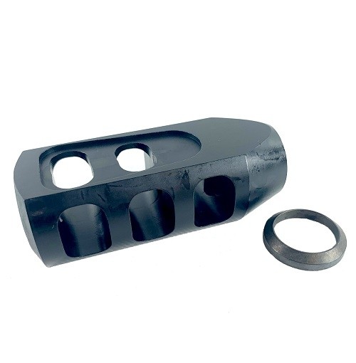 an image of the product AR10 .308 Tanker Style Muzzle Brake 5/8"x24 Thread with Crush Washer- Steel Black - MZ1009-3B-N