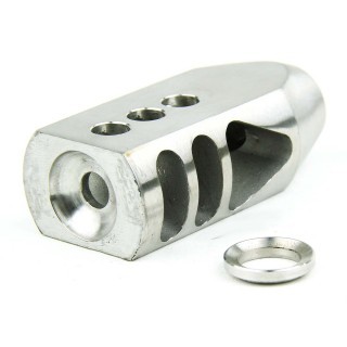 an image of the product AR10 .308 Tanker Style Muzzle Brake 5/8"x24 Thread with Crush Washer- Stainless Steel Silver - MZ1009-3SS-N