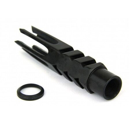 an image of the product AR10 .308 Spike Style Muzzle Brake 5/8"x24 Thread with Crush Washer- Steel Black - MZ1012-3B