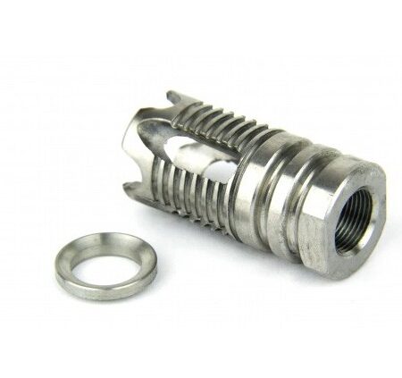 an image of the product AR15 .223/.556 Four Prong Muzzle Brake 1/2"x28 Thread with Crush Washer- Stainless Steel Silver - MZ1014SS-N