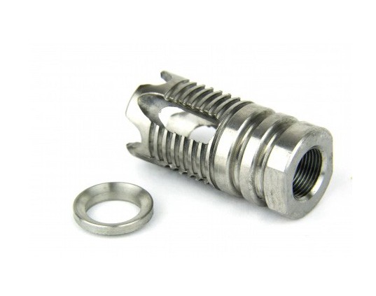 an image of the product AR15 .223/.556 Four Prong Muzzle Brake 1/2"x28 Thread with Crush Washer- Stainless Steel Silver - MZ1014SS-N
