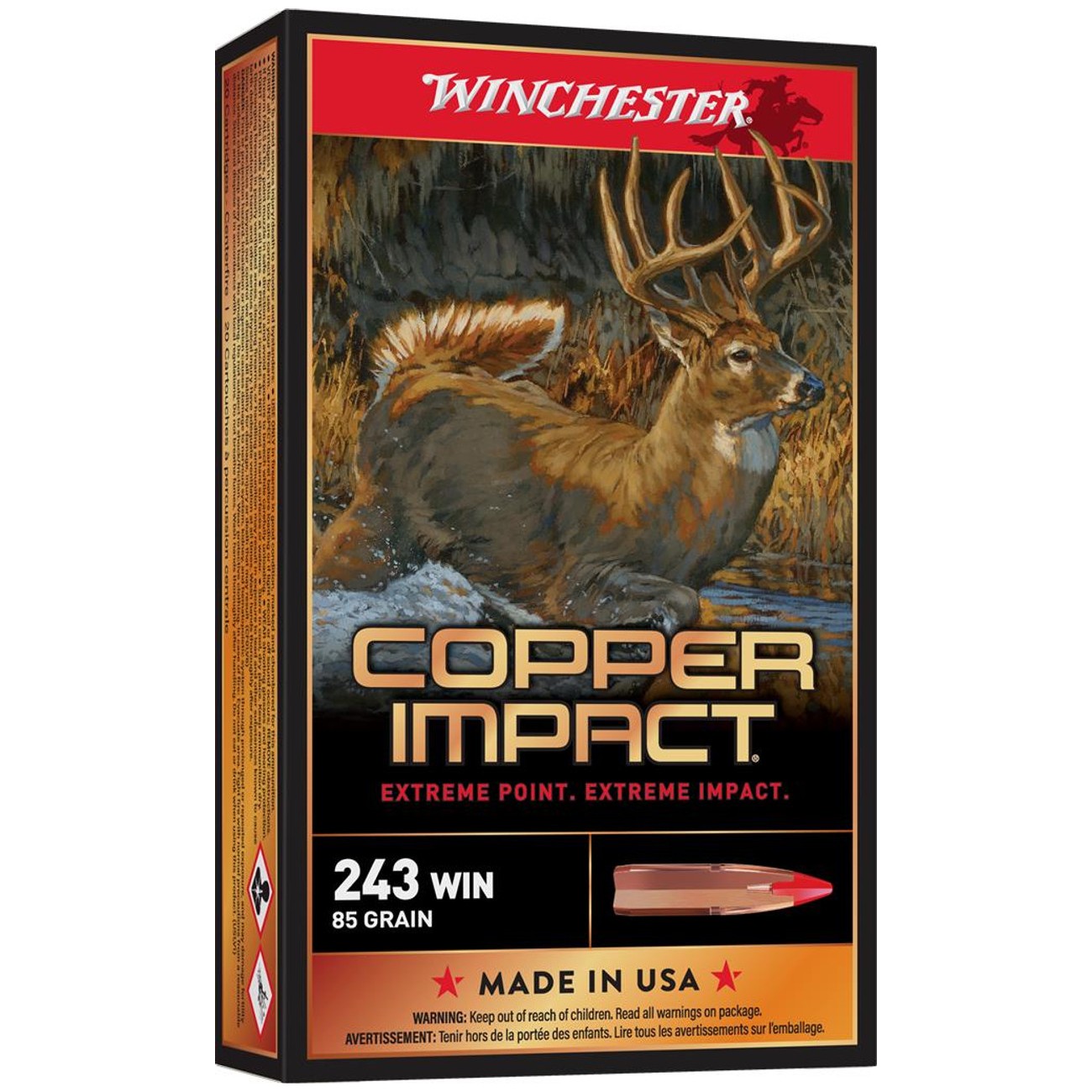 Winchester Copper Impact .243 Winchester 85 Gr. Copper Extreme Point Polymer Tip- Lead-Free- Box of 20